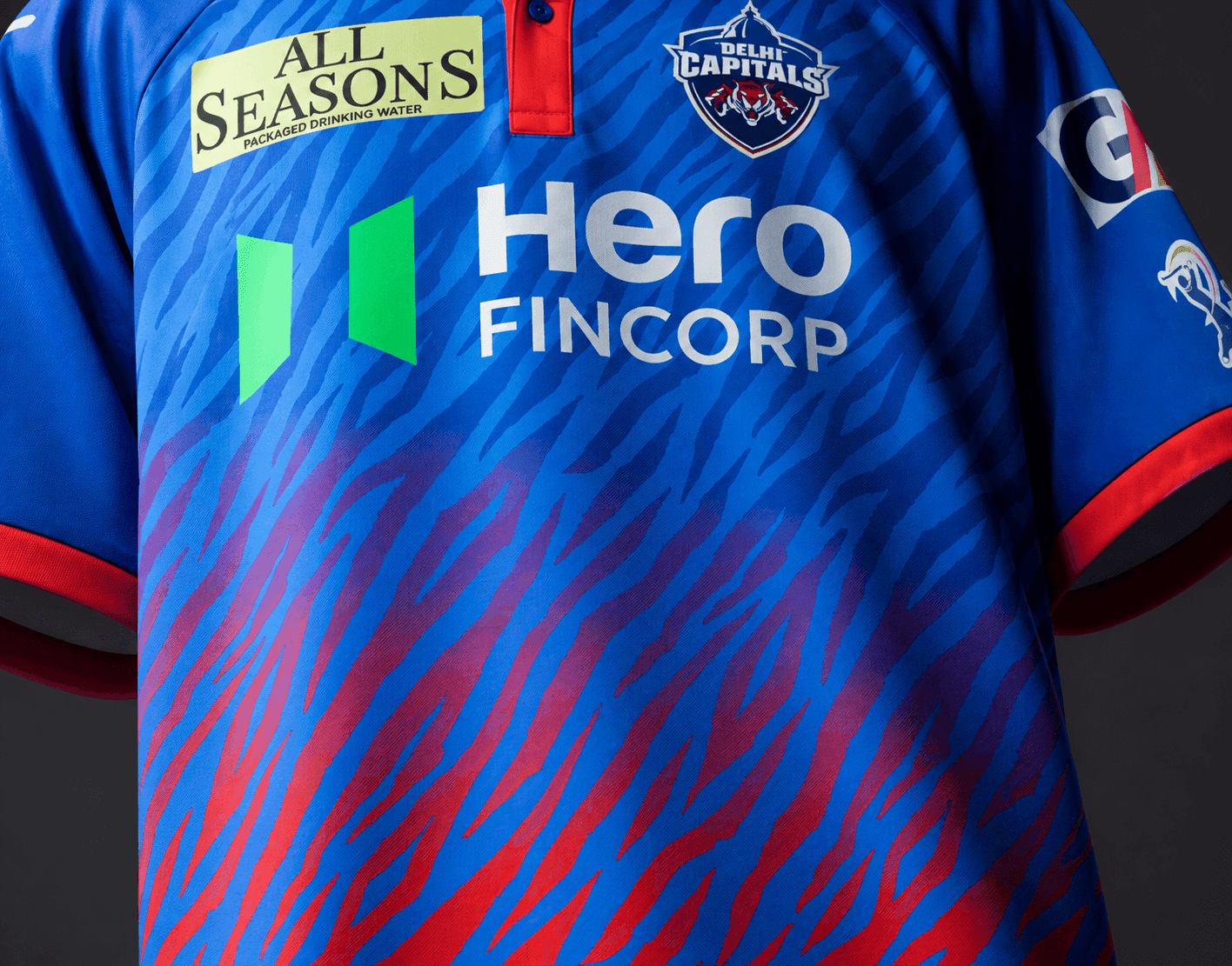 Tiger-stripe fabric detail on the Delhi Capitals IPL 2026 jersey