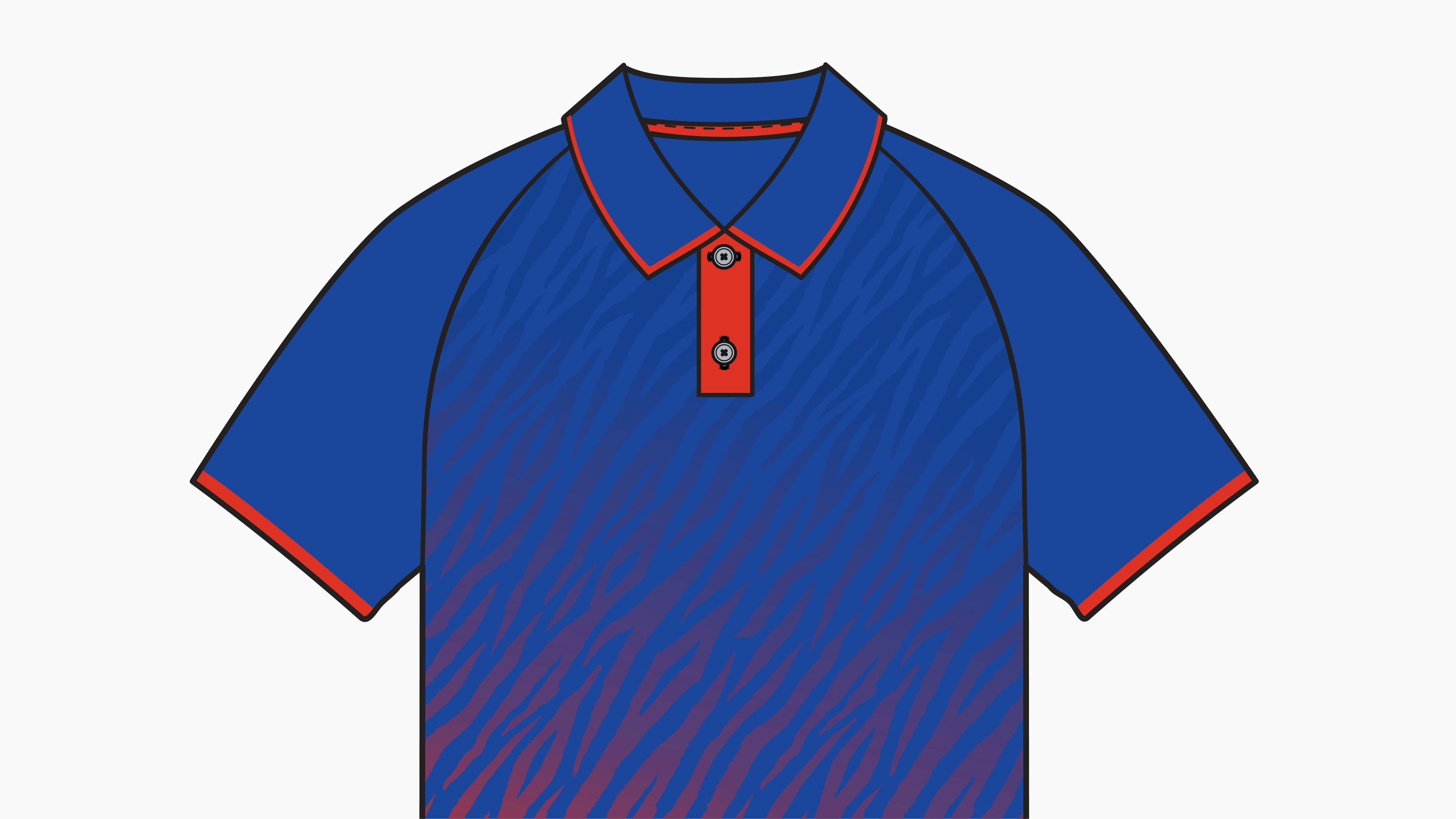 Technical flat drawing of the Delhi Capitals IPL 2026 jersey with tiger-stripe gradient
