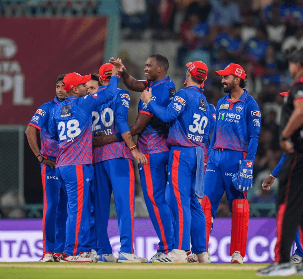 Delhi Capitals players celebrating a wicket in the IPL 2026 jersey