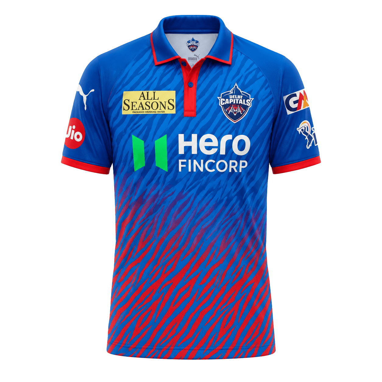 3D mockup of the Delhi Capitals IPL 2026 tiger-stripe jersey