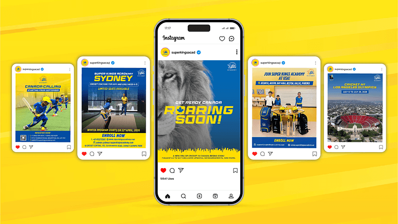 Super Kings Academy social media post showcasing the brand's journey from Chennai to a global cricket audience