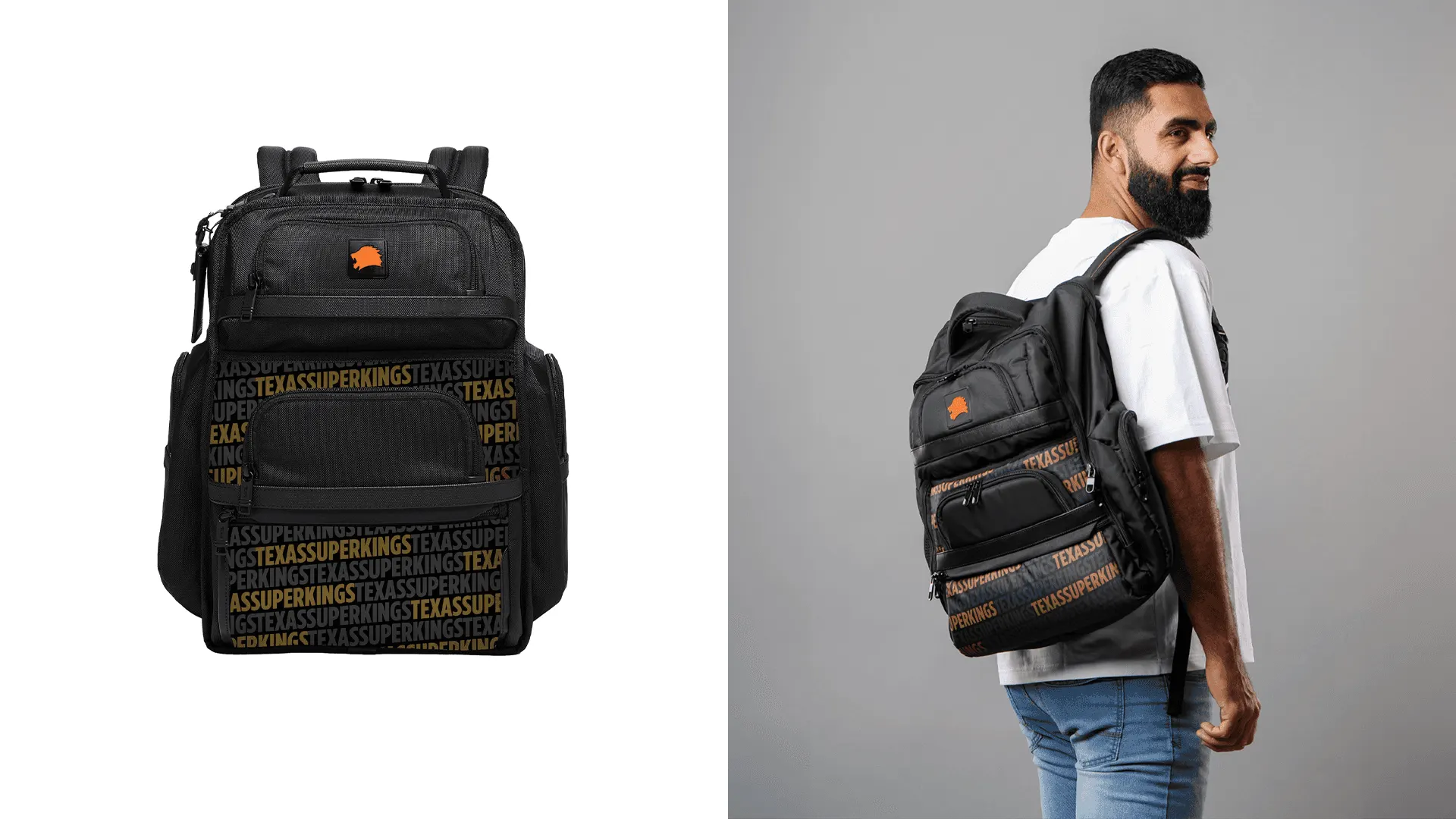 Texas Super Kings merchandise backpack shown on its own and worn