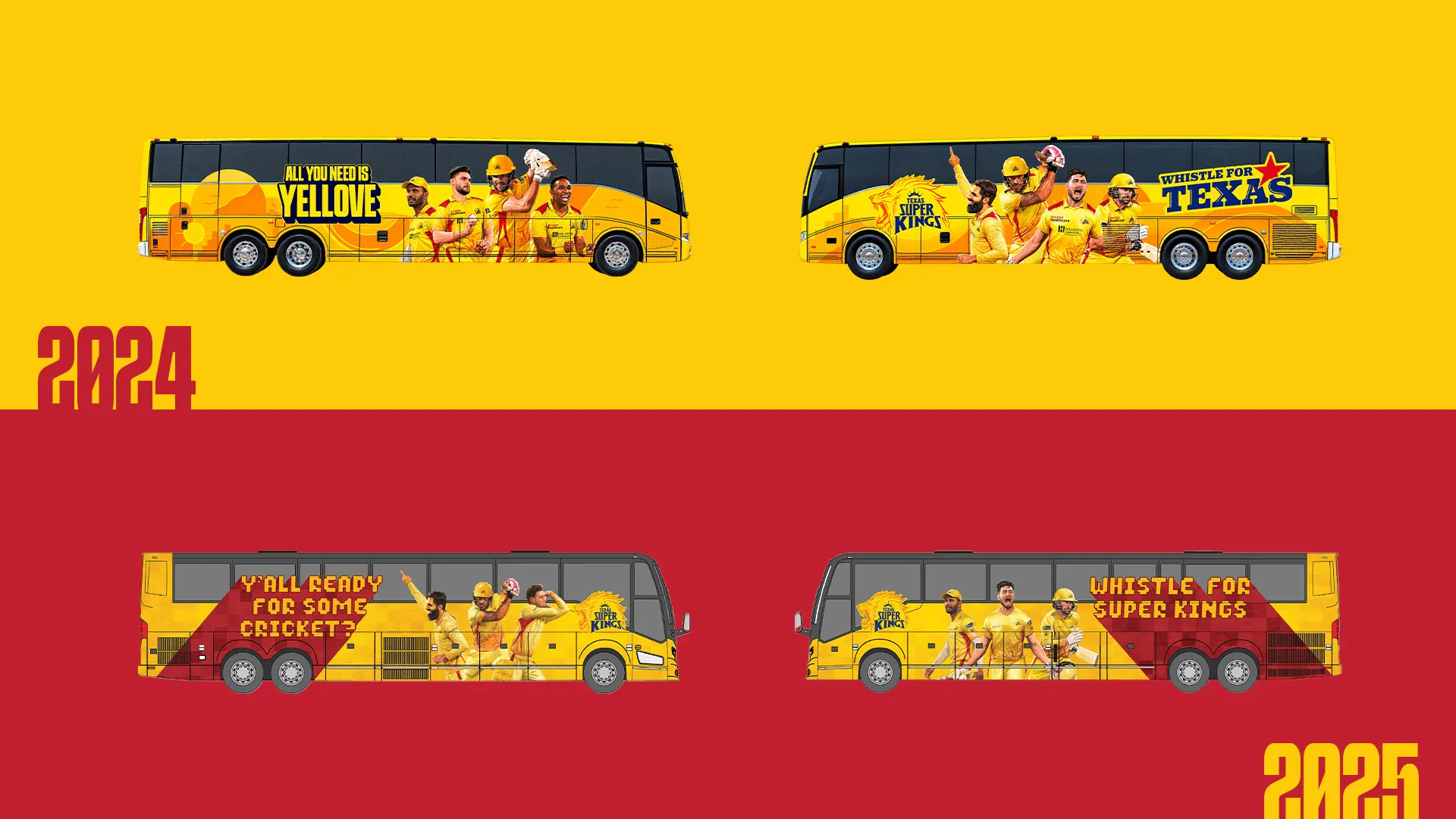 Texas Super Kings team bus wraps for the 2024 and 2025 seasons