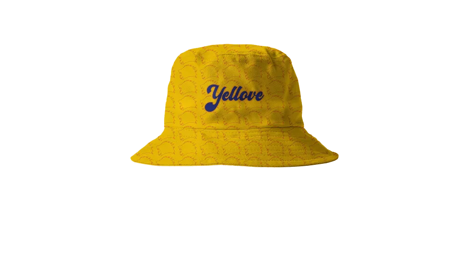 Yellow bucket hat with Yellove script