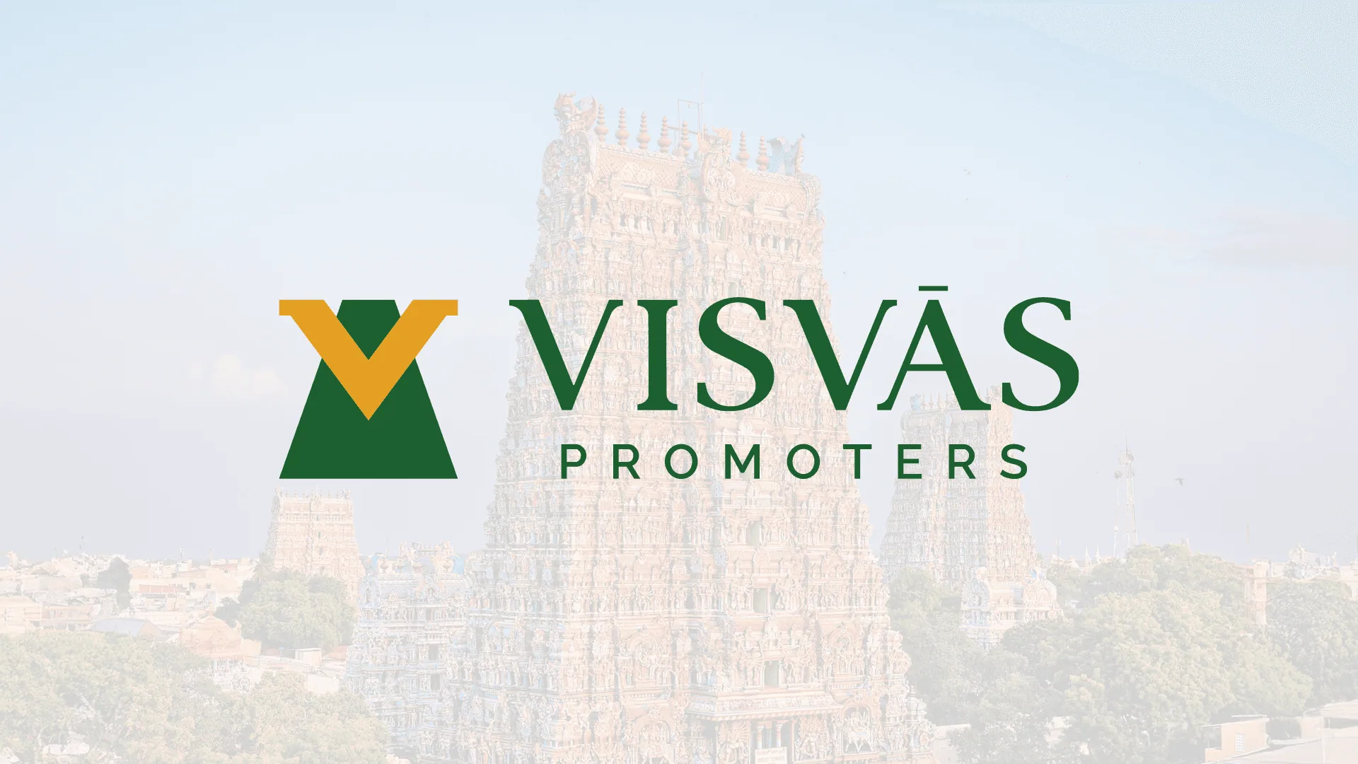The Visvas Promoters logo over the gopurams of the Meenakshi Amman temple in Madurai