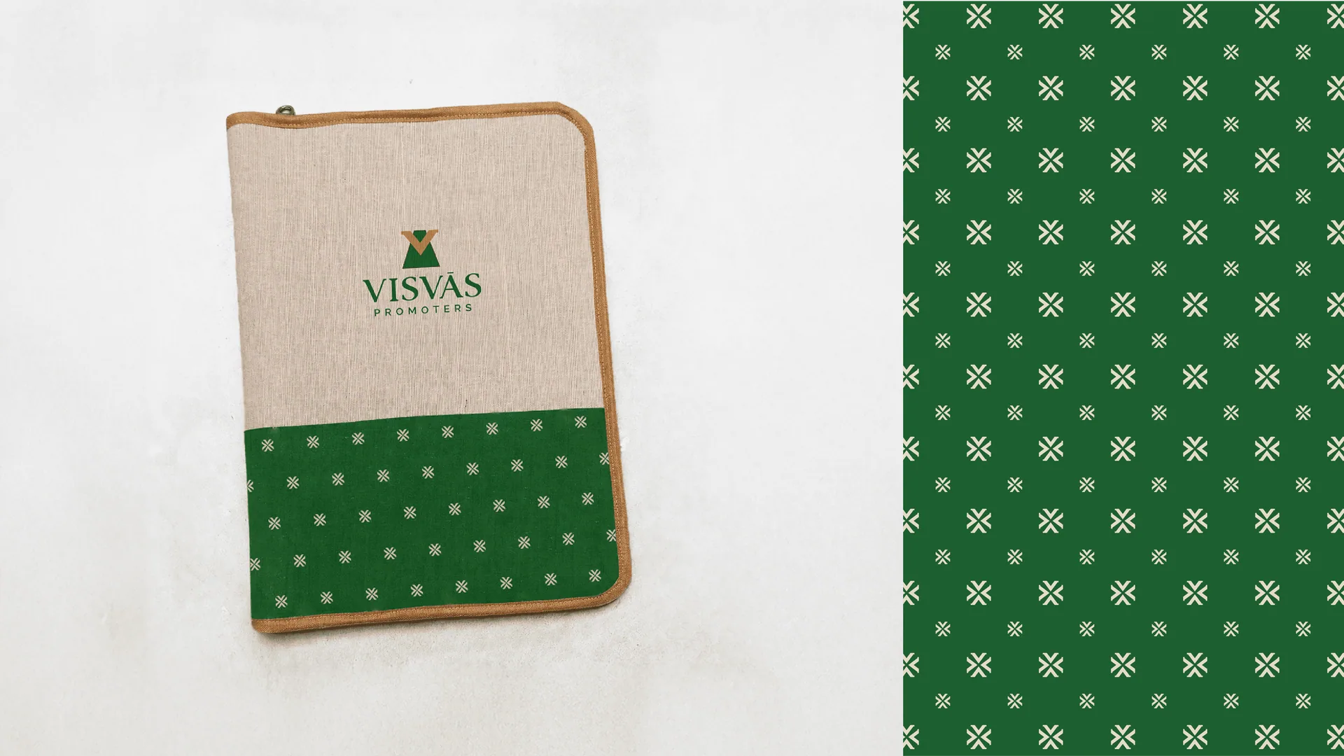 A canvas document pouch with the Visvas logo and the V motif repeated as a green pattern