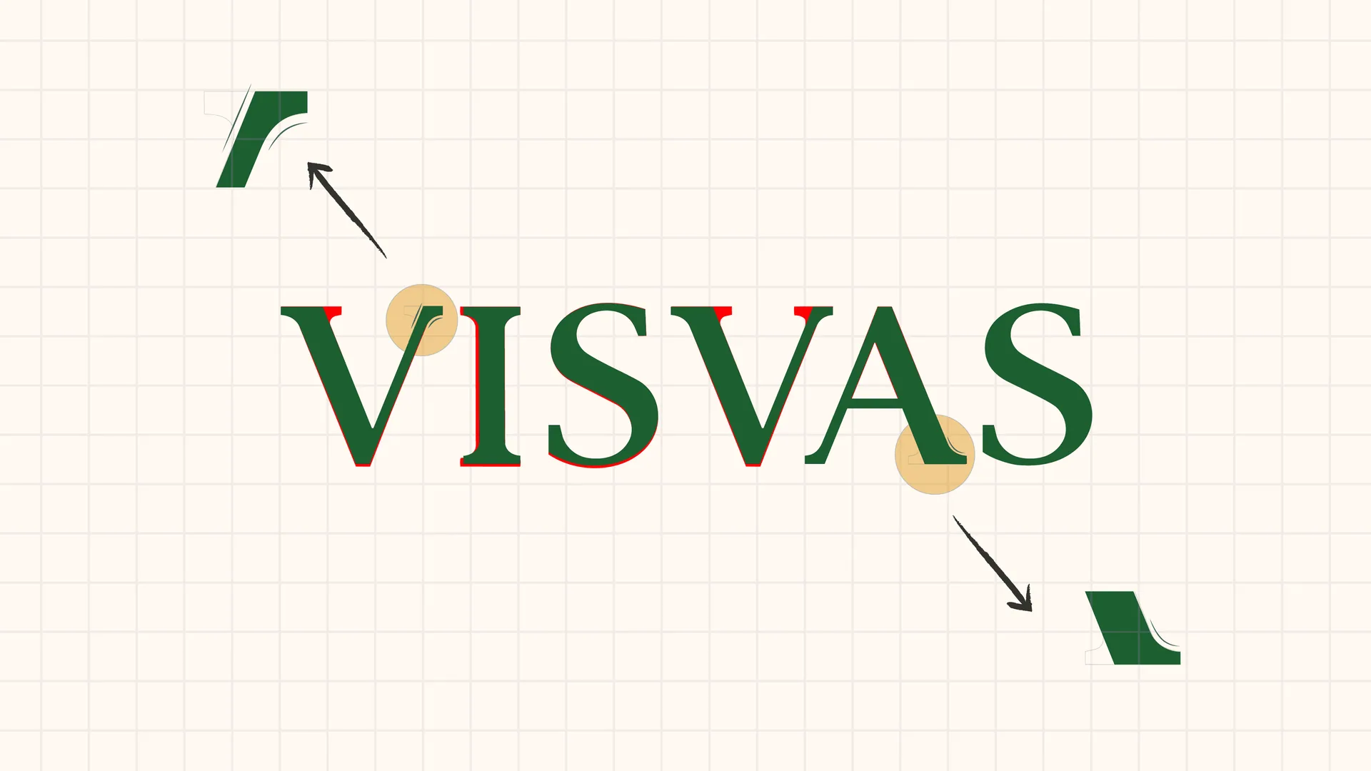 The Visvas wordmark on a grid with its construction details called out