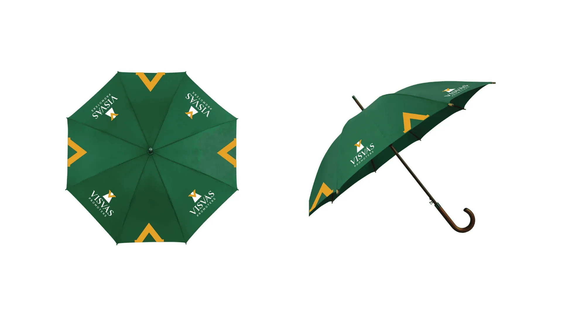 Green Visvas Promoters umbrellas with the yellow V on each panel