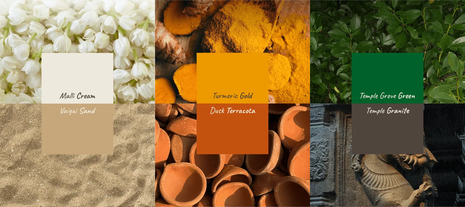 Three colour cards from the Visvas palette: Malli Cream and Vaigai Sand, Turmeric Gold and Dusk Terracota, Temple Grove Green and Temple Granite
