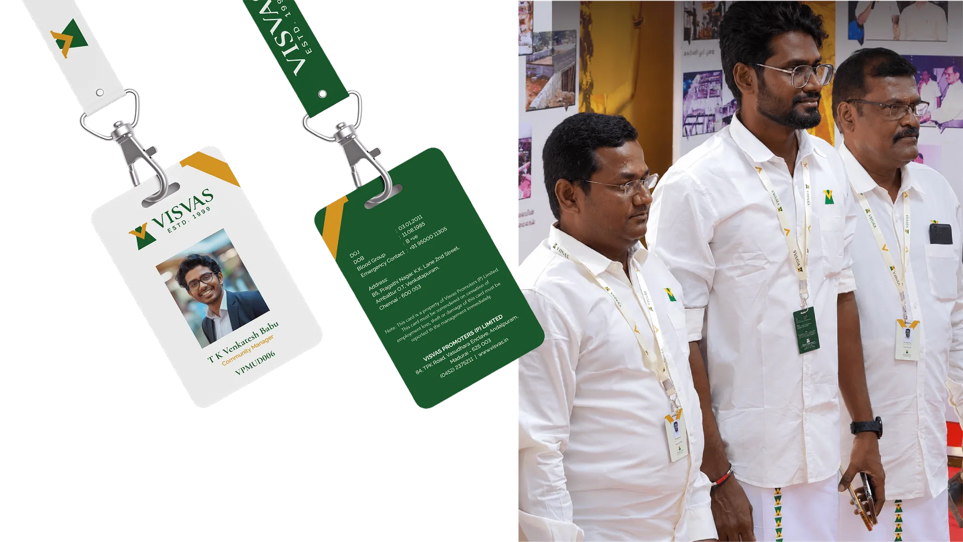 Visvas Promoters ID cards on green lanyards and staff wearing them